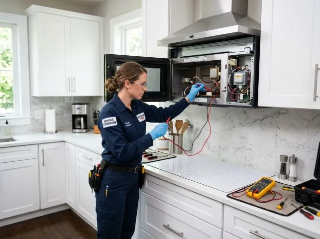 Appliance Repair Hero technician testing an over-the-range microwave in a Blountville, TN kitchen